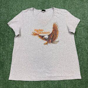 Harley Davidson Graphic T Shirt Women's Size 2XL Gray Eagle V Neck Motorcycle